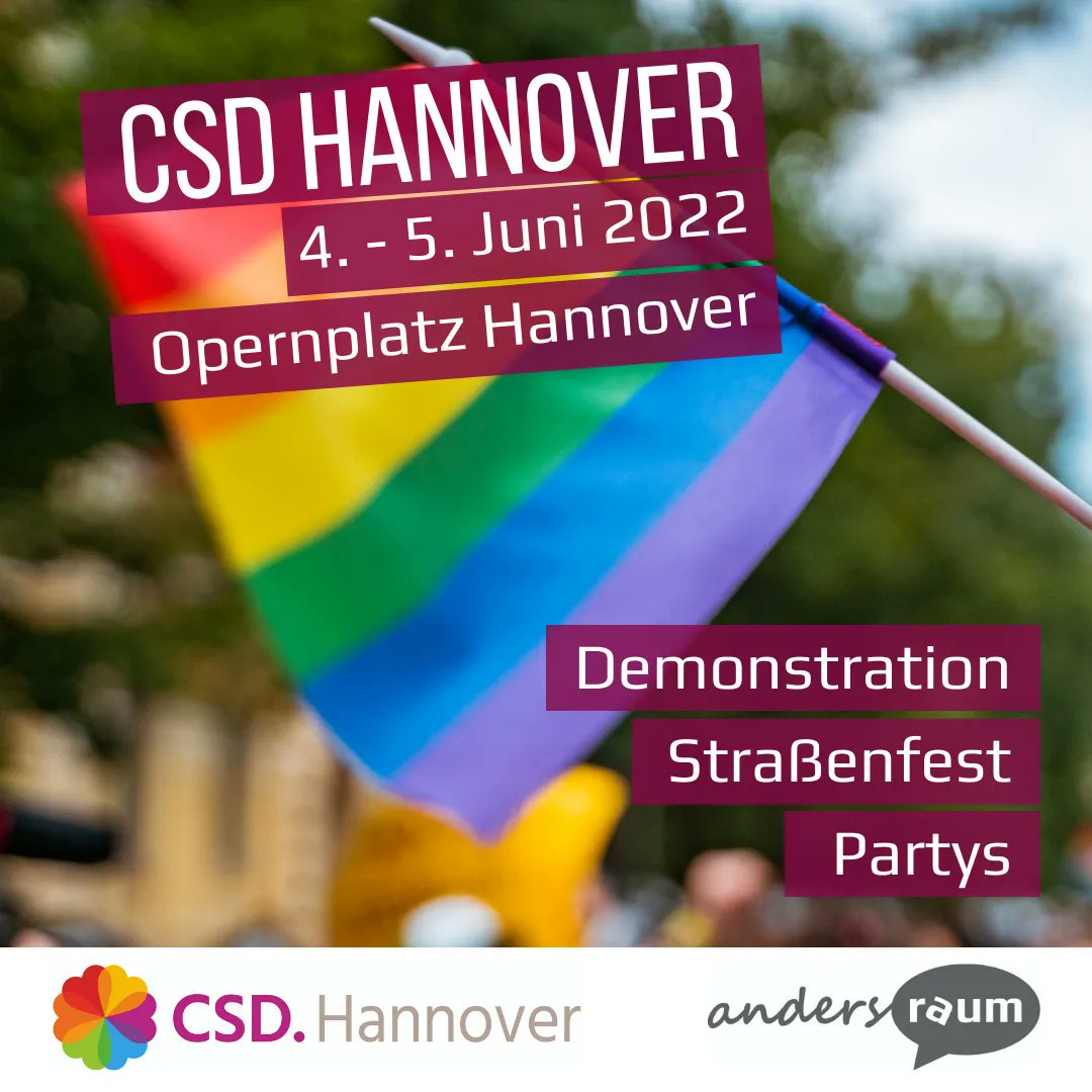 Bald ist #CSDHannover 🥳 Samstags erwarten euch Demo &amp; Auftaktkundgebung, Musik &amp; Redebeiträge auf der Hauptbühne, ein Dancefloor, viele Stände mit Essen/Getränken. Sonntags gibt es 2 Musikbühnen &amp; Gastronomie. Stände von Organisationen &amp; eine Parteibühne. #csd2022 #csdhannover22