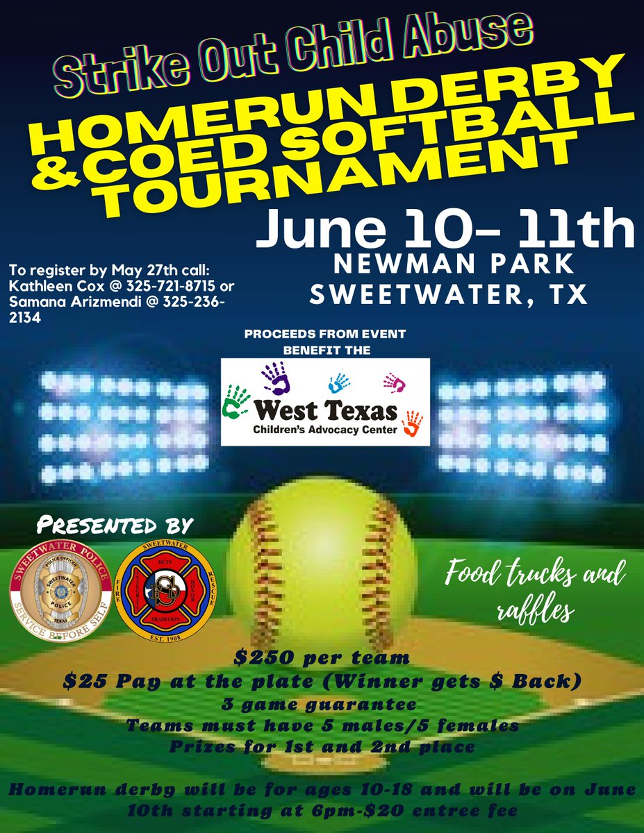 Join us June 10th &amp; 11th as we Strike Out Child Abuse. Homerun Derby is June 10th and the tournament kicks off on June 11th with an Exhibition Game between the Police &amp; Fire Departments. Get registered today! Proceeds go to the Children's Advocacy Center!