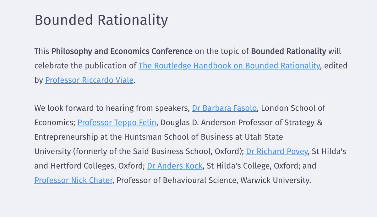 Teppo Felin (@teppofelin) on Twitter photo Very much looking forward to this Oxford Univ conference on bounded rationality at St Hilda's - with Barbara Fasolo, Nick Chater & many others
st-hildas.ox.ac.uk/content/philos… <a href="/barbarafasolo/">Barbara Fasolo</a> <a href="/hilda_beastoxf/">St Hilda's College</a> Thanks to Anita Avramides & Riccardo Viale for organizing! Very much looking forward to this Oxford Univ conference on bounded rationality at St Hilda's - with Barbara Fasolo, Nick Chater & many others
st-hildas.ox.ac.uk/content/philos… <a href="/barbarafasolo/">Barbara Fasolo</a> <a href="/hilda_beastoxf/">St Hilda's College</a> Thanks to Anita Avramides & Riccardo Viale for organizing!