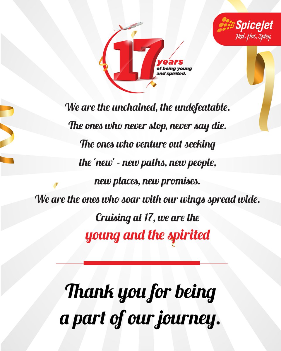 flyspicejet's tweet photo. A big thank you to each one of you for showering us with so much love ❤️
We are truly inspired and feeling blessed. Looking forward to many more years of flying together!
#FlySpiceJet #RedHot17 #SpiceJet #Anniversary https://t.co/crvbh1ujOK
