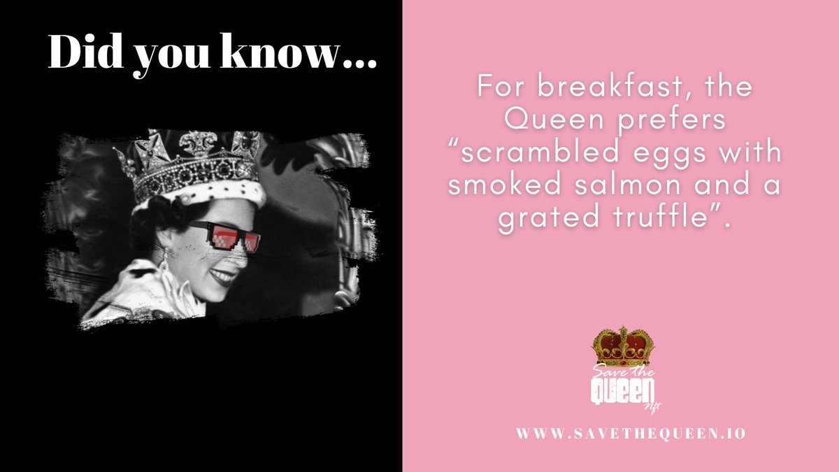 👑Did you know?
For breakfast, the Queen prefers “scrambled eggs with smoked salmon and a grated truffle”.

#QNFT #Crypto #NFT #NFTCommunity #NFTs