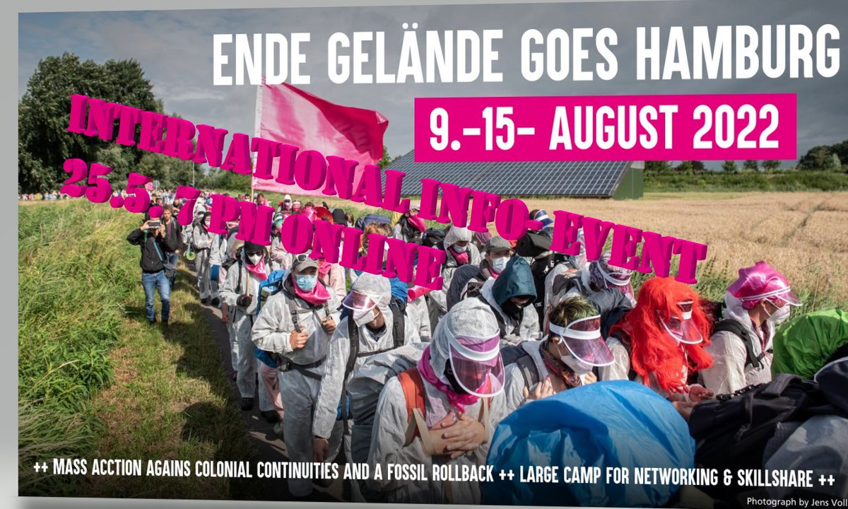 ende_gelande's tweet photo. 👉Ende Gelände International #InfoEvent

Wednesday 25.May 7 pm CEST
https://t.co/Rs4jgoIq1M 

🐭9.-15. August we will organize a big #ClimateCamp with mass actions against #LNG, #Gas and #Colonialism near Hamburg. Want to mobilize to Germany and know more about our plans? Join 📡 https://t.co/RU7Pt6WZon