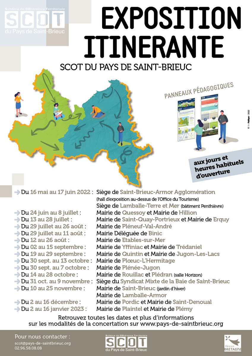 Le SCOT <a href="/PAYS_SB/">Syndicat mixte de la Baie de Saint-Brieuc</a>  poursuit sa démarche de concertation auprès des habitants avec une exposition itinérante de panneaux pédagogiques à travers les communes du territoire. Jusqu’à l’arrêt du projet de SCOT,  en 2023, découvrez les différentes étapes !