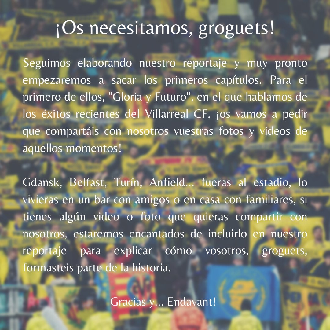CVFHistoria's tweet photo. ¡𝐎𝐬 𝐧𝐞𝐜𝐞𝐬𝐢𝐭𝐚𝐦𝐨𝐬, 𝐠𝐫𝐨𝐠𝐮𝐞𝐭𝐬 💛! 

➡️ cualquier foto o vídeo de un momento para recordar 💭.
➡️ Gdansk, la rúa, Belfast, Turín, las convocatorias para animar, etc. 

¡El enlace de Drive 👇!

👉 https://t.co/idMTJbW12b https://t.co/Q1ZNGUY9et