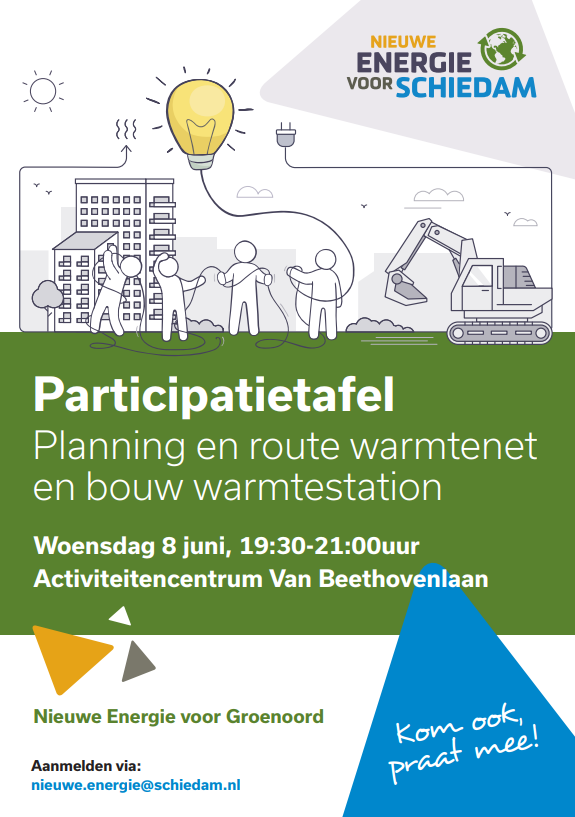 Woon je in Groenoord, Schiedam? En wil je weten wanneer in welke straten het warmtenet aangelegd wordt? En wat de planning van het warmtestation is? Meld je dan aan voor de Participatietafel op 8 juni in het Activiteitencentrum Van Beethovenplein via nieuwe.energie@schiedam.nl