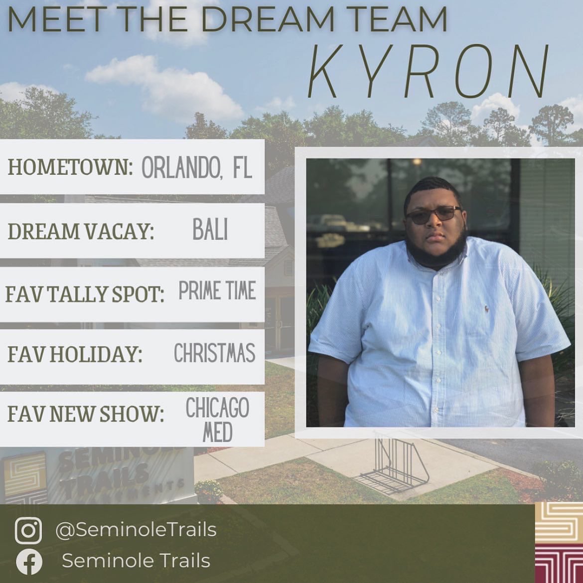 SeminoleTrails_'s tweet photo. 🌟 MEET THE DREAM TEAM MONDAY 🌟

Meet our newest CA, Kyron!! We are so excited to have him be a part of our Seminole Trails team! Swipe ➡️ to learn more about our newest team member, Kyron! 😊 https://t.co/kp9cAtkTlP