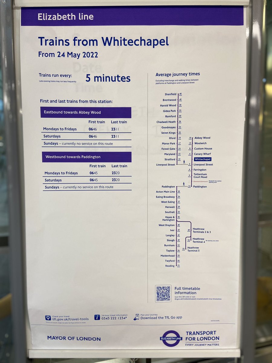Great news, not long to go before the launch of the Elizabeth Line. Info on the first &amp; last trains from Whitechapel