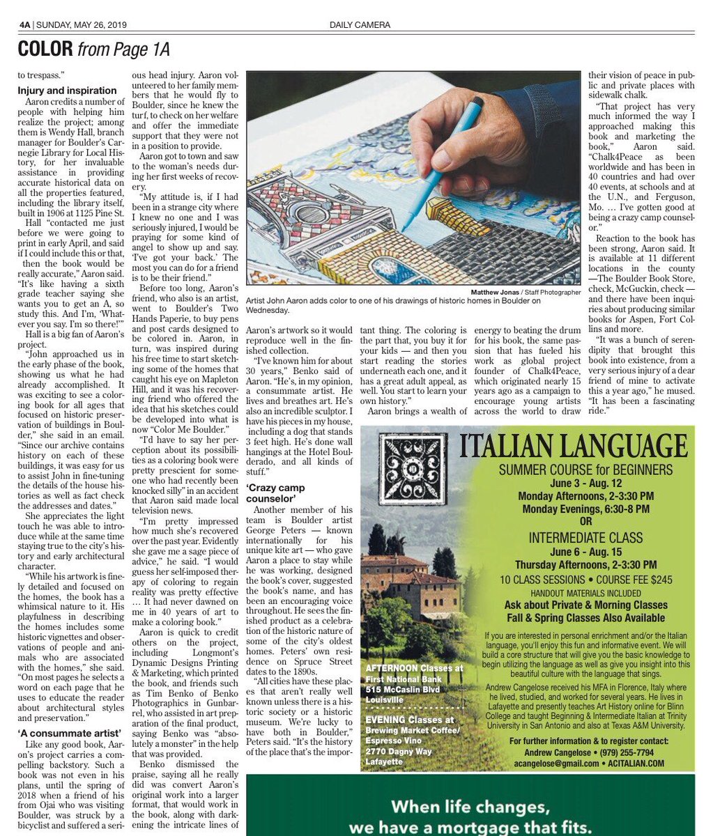 chalk4peace's tweet photo. Its almost the 3rd anniversary of @ColorMeBoulder featured on Front page of the #DailyCamera on #MemorialDay of 2019. Thanx #CharlesBrennan & #MatthewJonas 4 the awesome press that launched my book! Will b painting the town at the Boulderado & McGuckins this wknd. #coloringbook https://t.co/851mQBiZCT