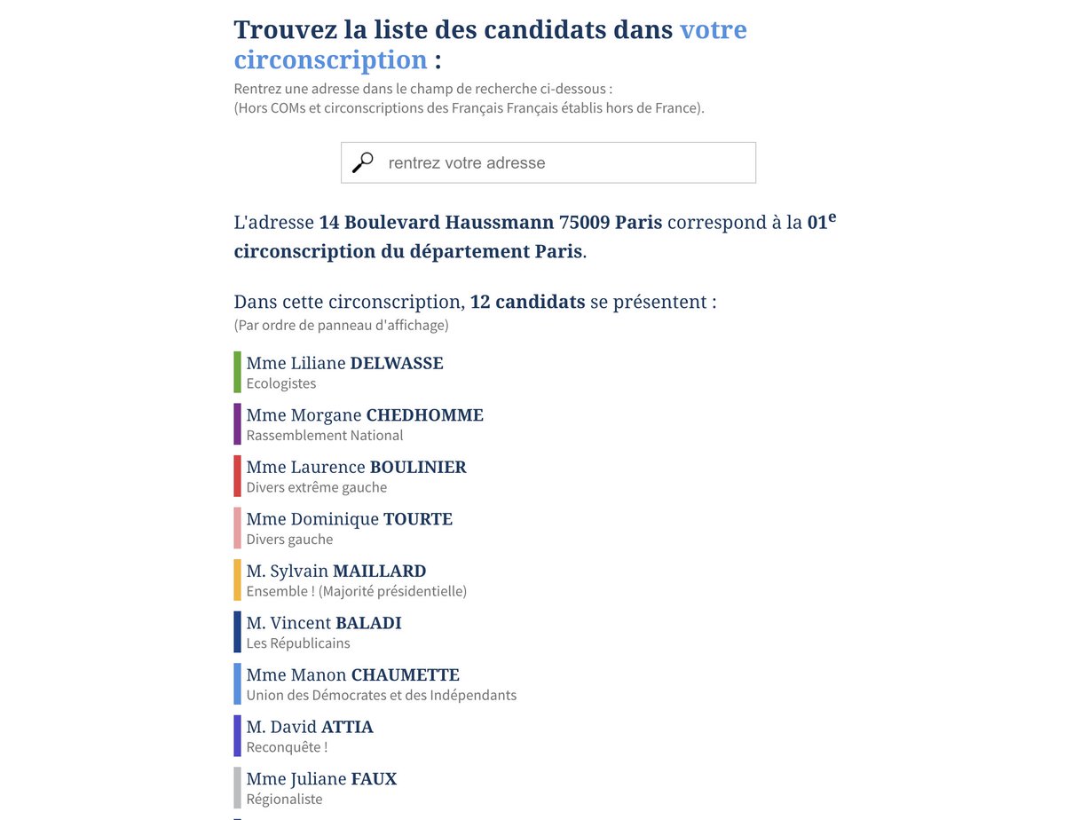 La liste officielle des candidats aux législatives vient de sortir. 
Consultez la liste des candidats dans votre circonscription grâce à notre moteur de recherche : 
lefigaro.fr/elections/legi…
