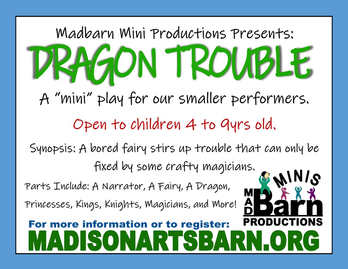 TheBarn8's tweet photo. MadBarn Mini Productions Presents: Dragon Trouble
A short play for younger actors!
Open to ages 4-9yrs old
Register here: https://t.co/6geajMlRpI https://t.co/K71S1zhzZi