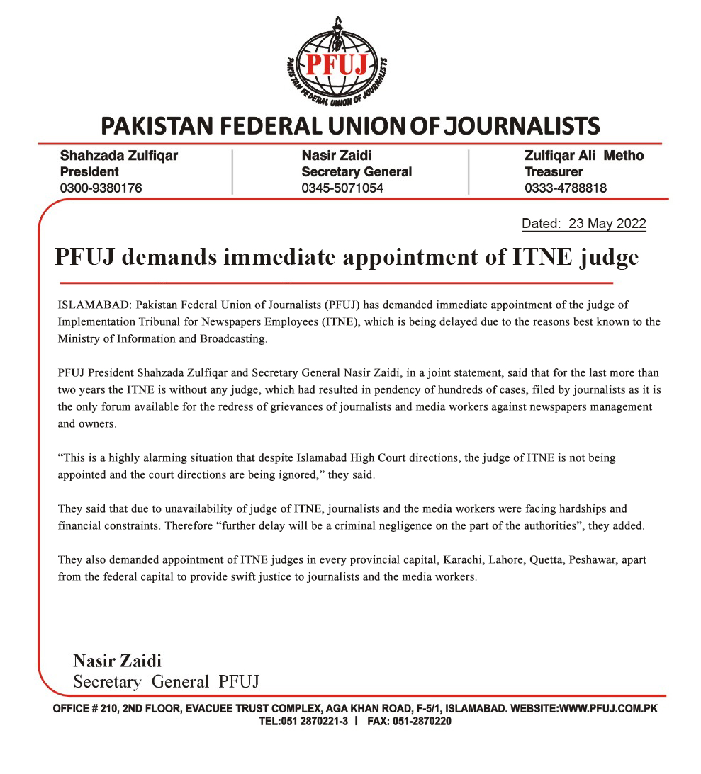 OfficialPfuj's tweet photo. PFUJ demands immediate appointment of ITNE judge
@AsmatullahNiazi @nzaidiii @geofahmigeo @OfficialKUJ @IFJGlobal https://t.co/r0NRsByRzk