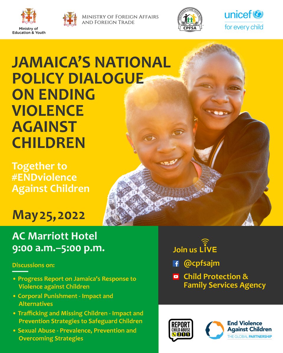 cpfsajm's tweet photo. Are you concerned about issues affecting our children?

Join us this Wednesday, May 25 at 9:00 a.m. on Facebook and YouTube @cpfsajm for Jamaica's National Policy Dialogue on Ending Violence Against Children.  
Learn how you can help to safeguard our children.

#ENDviolence https://t.co/KHxbirD4pM