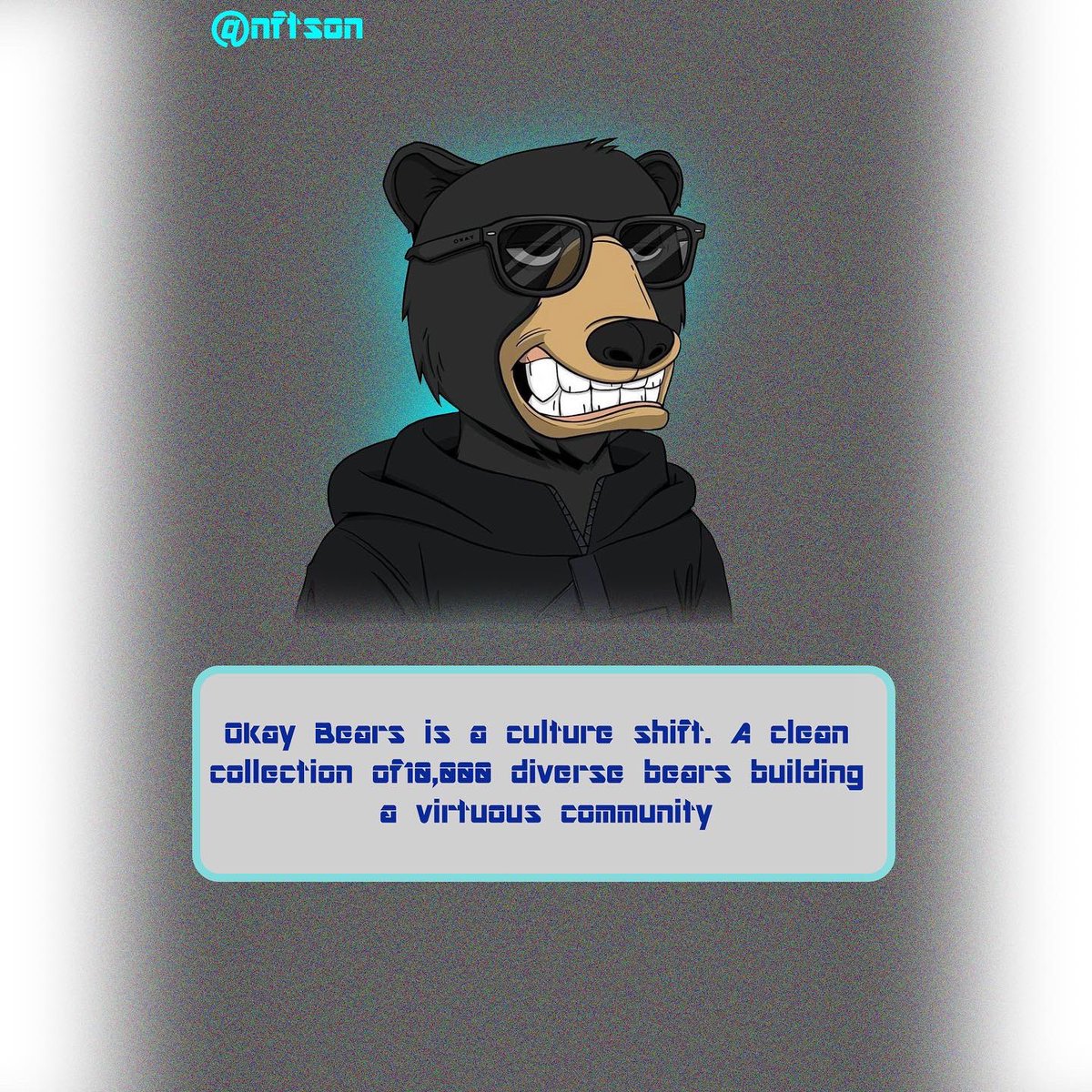 NFTSONCOMPANY's tweet photo. Okay Bears is a culture shift. A clean collection of
10,000 diverse bears building a virtuous community https://t.co/fnxFsc2JV9 #nftson https://t.co/vX2Pwym8nz