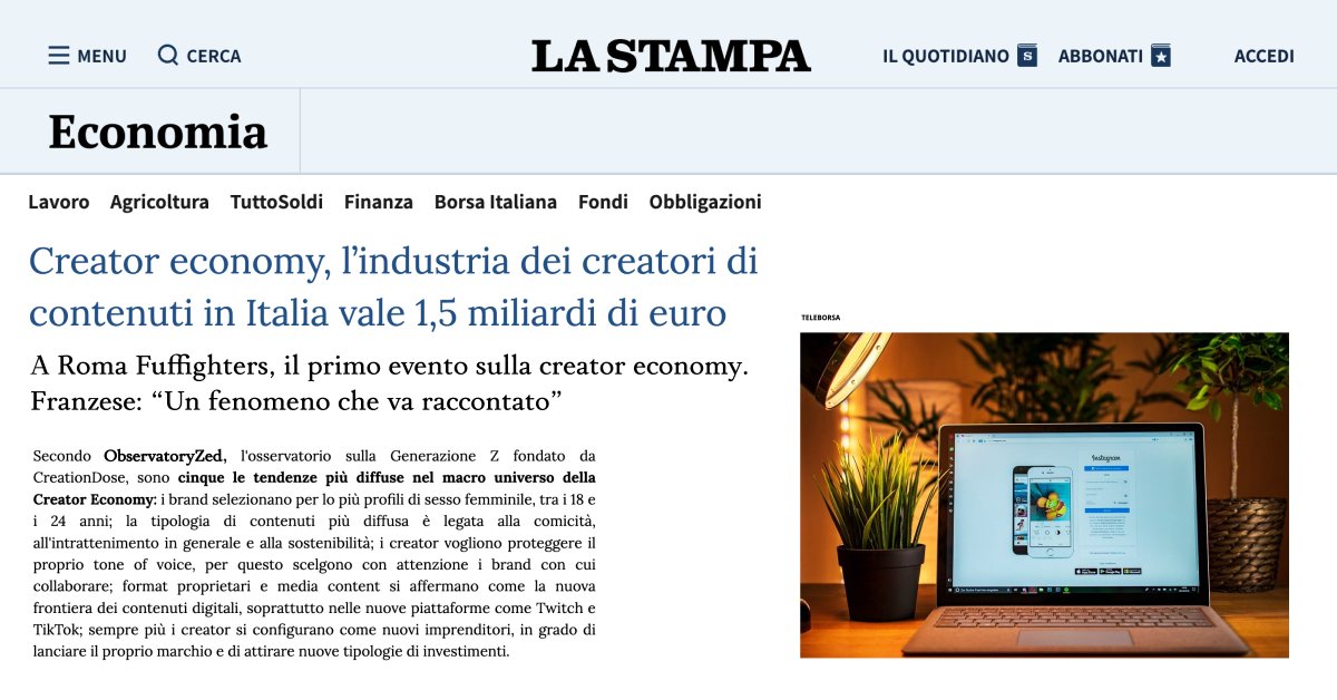 ObservatoryZed's tweet photo. Su @LaStampa si parla della nostra ricerca effettuata in occasione di #Fuffighters, l'evento dedicato alla #CreatorEconomy. Leggi l'articolo e scopri quali sono le tendenze più diffuse nell'universo della Creator Economy!
👉🏻 https://t.co/WmP96Umz3u https://t.co/VRMdtJdsen