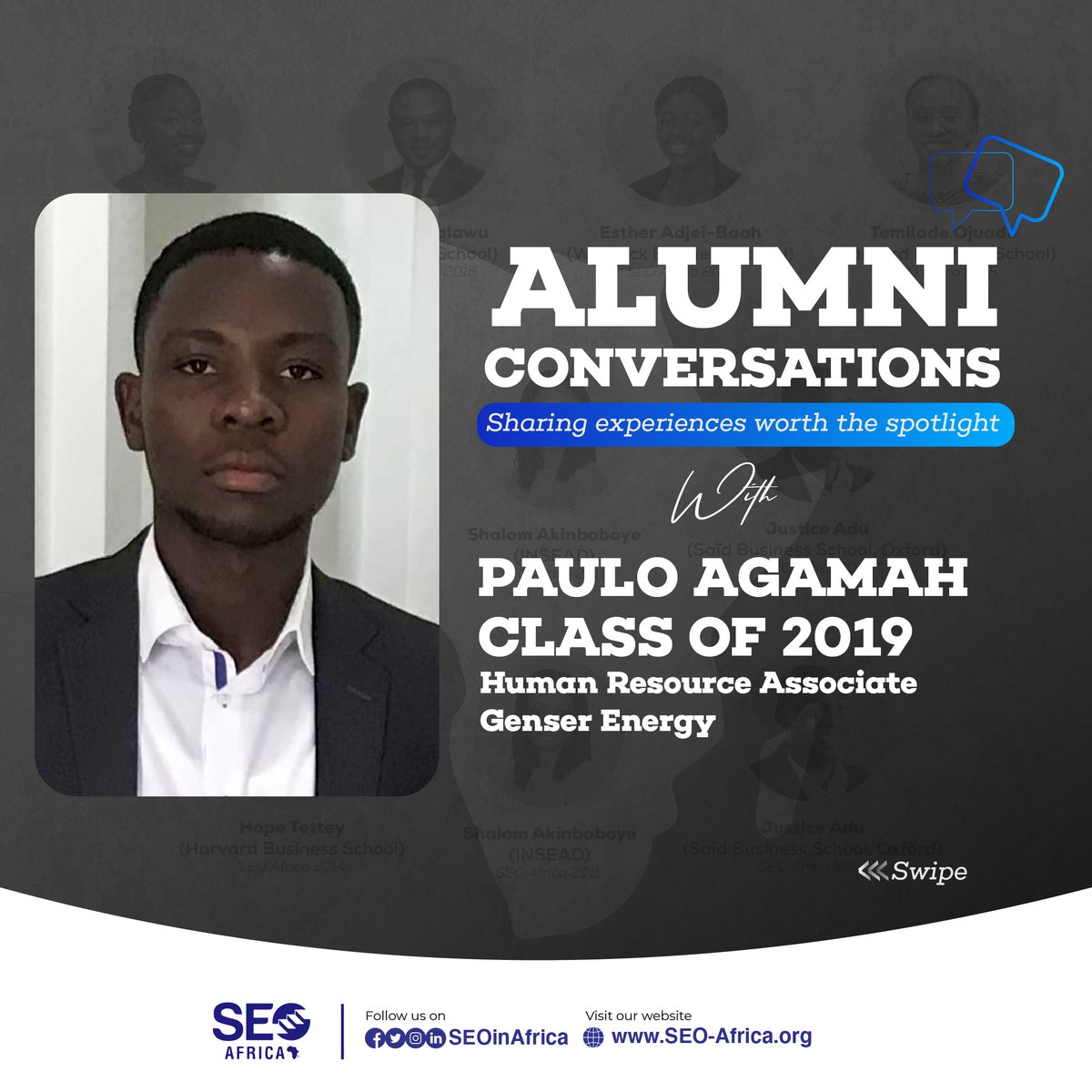 SEOinAfrica's tweet photo. In today’s edition of the #AlumniConversations, we feature Paulo Agamah, an SEO Africa alumnus from the class of 2019.
Paulo works as a Human Resource Associate at Genser Energy, an SEO Africa partner company. 
1/3 https://t.co/T705tp3lnV