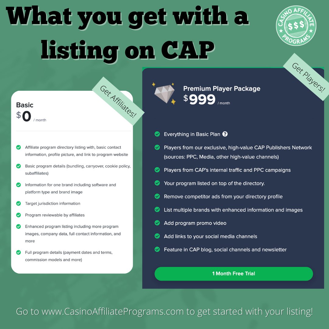 CAPchatter's tweet image. Calling all Affiliate Programs! Find out what you can get with a listing on CAP and choose the one that works for you. Go to CasinoAffiliatePrograms.com to get started!