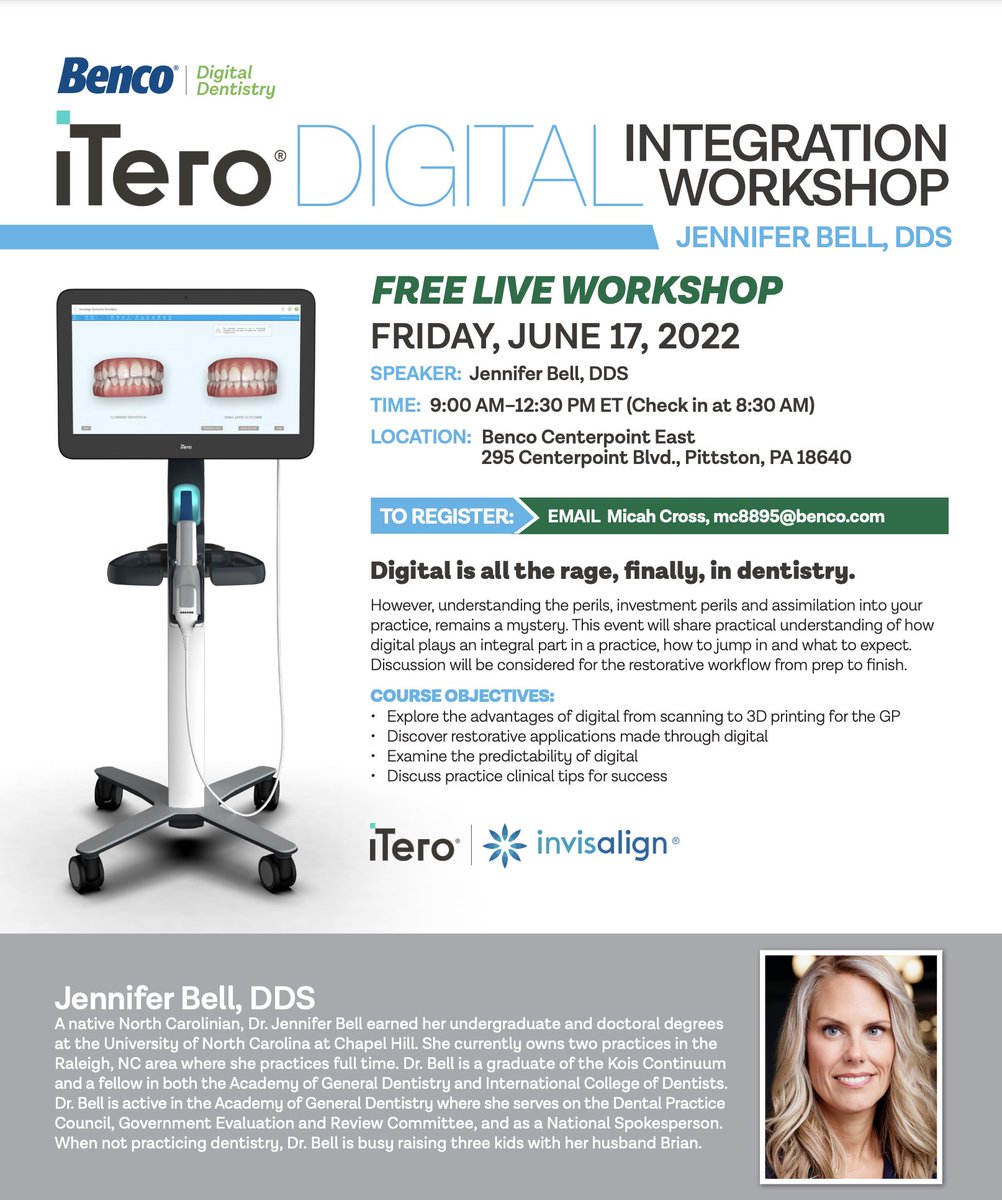 itero Digital Integration Workshop
June 17, 2022
9AM - 12:30PM EST
Benco Centerpoint East, Pittston, PA
To register, email: mc8895@benco.com
#digitaldentistry #dentist #workshop
