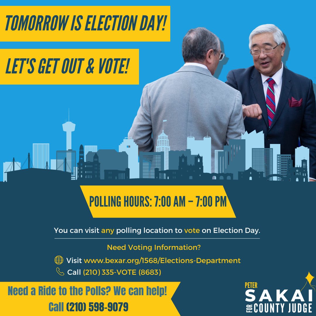 JudgePeterSakai's tweet photo. Hello, #BexarCounty! TOMORROW is #ElectionDay for the Democratic Primary Runoff. If you haven't voted, this is your last chance to #votesakai for Bexar #CountyJudge. https://t.co/U84fKXVVfX