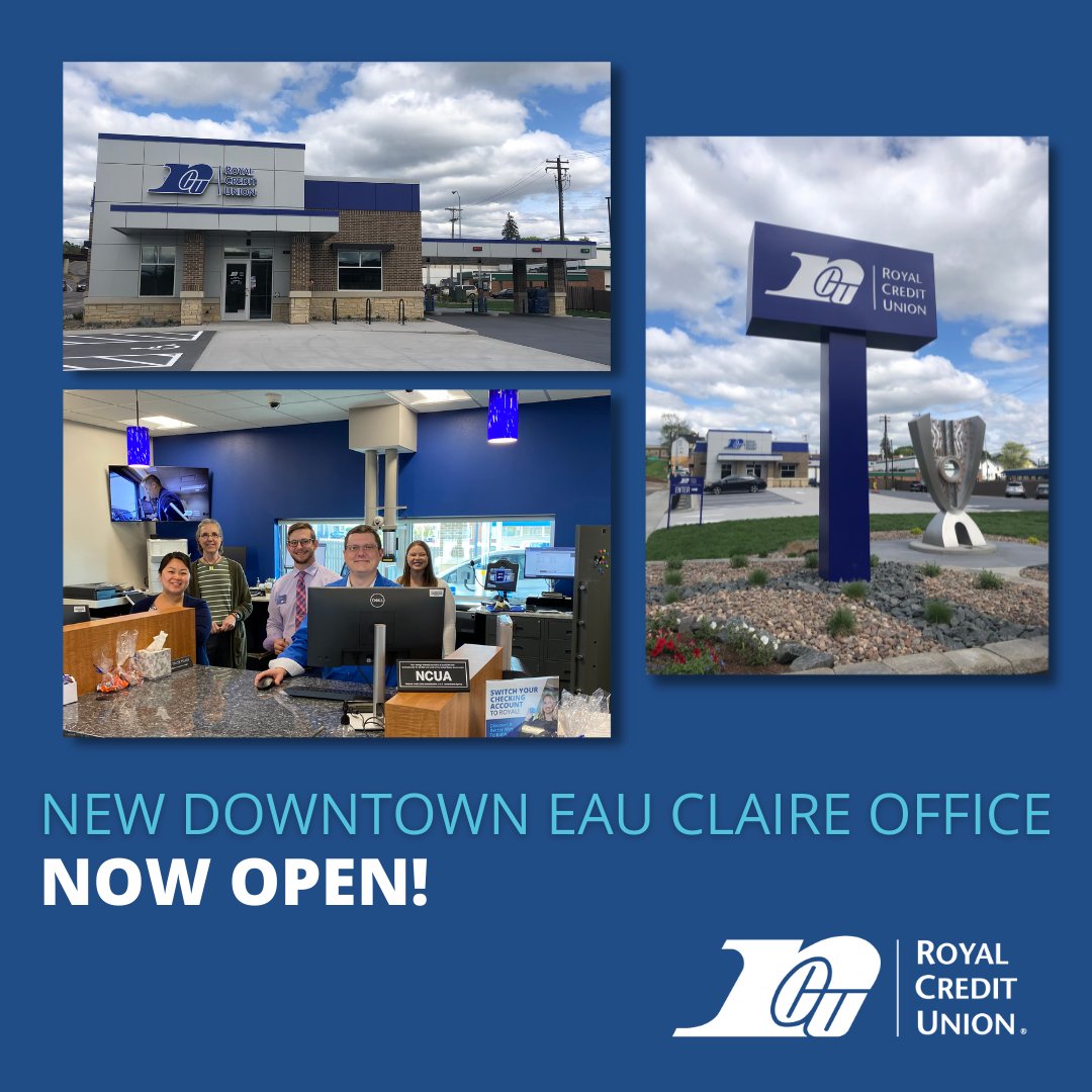 Royal_CU's tweet photo. 🎉 Royal is proud to announce that our new Downtown Eau Claire office is open and ready to serve our Members. 🎉 Stop by and see us today! Click here to learn more and get all the details of our upcoming grand opening celebration: https://t.co/maPQNMLCWq https://t.co/XENcUT6Ymg