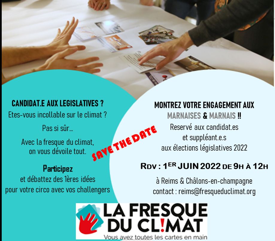 LaFresqueEnCA's tweet photo. Avis aux candidats de toutes les circonscriptions de la Marne 🔔
La Fresque du Climat organise des ateliers dans toute la France pour sensibiliser les futurs députés aux enjeux des dérèglements climatiques. 
N'hésitez pas à nous contacter pour participer le 1er juin  🌍 https://t.co/4Hx82JhsvF