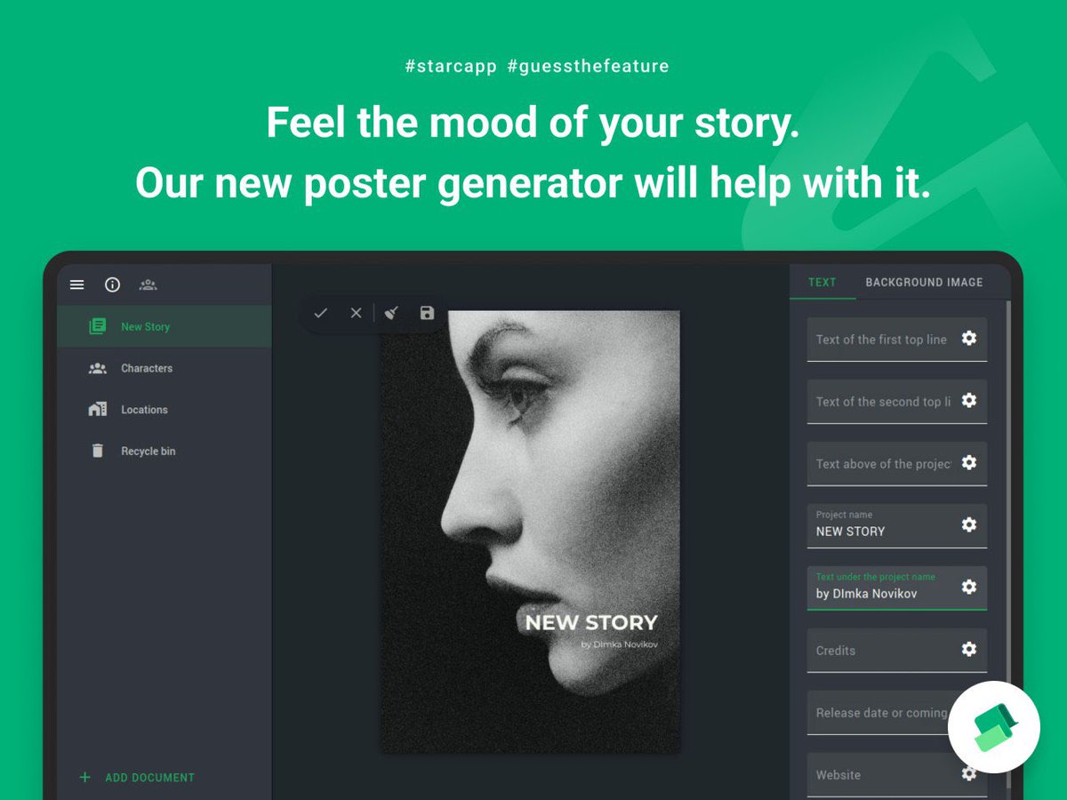 starcapp_'s tweet photo. Want to feel the vibe of your story straight at the point of opening your #writing app? Meet our new Poster Generator! Add a cover to your project and feel 100% connected with your work ✨
Available starting from new release.
#builtinpublic #starcapp #comingsoon https://t.co/P4DWPfaaC3