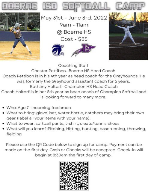 Mark your calendars &amp; spread the word!! BISD softball camp is coming soon!! Looking forward to seeing all our campers!! <a href="/LeechStan/">Boerne ISD Athletics</a> <a href="/BMSS_Athletics/">BoerneSouthAthletics</a> <a href="/VossAthletics/">Voss Athletics Dept</a> <a href="/FairOaksRanchES/">Fair Oaks Ranch Elementary School</a> <a href="/VanRaubES/">Van Raub Elementary School</a> <a href="/HerffES/">Dr. Ferdinand L. Herff Elementary School</a> <a href="/CuringtonElem/">Curington Elementary School</a> @boernems <a href="/CuringtonElem/">Curington Elementary School</a> <a href="/FabraElem/">Fabra Elementary School</a> <a href="/KendallElem/">Kendall Elementary School</a>