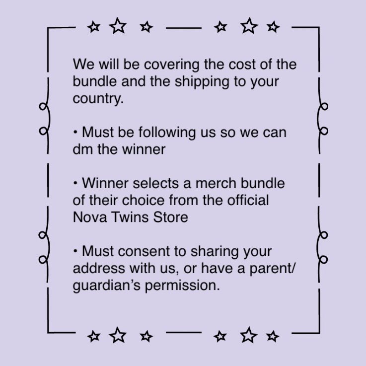 NovaTwinsGlobal's tweet image. ‼️| Calling all Supernovas!!! 

We are giving away a Supernova Bundle to one of you!

To participate
• RT this tweet 🔁
• Tell us your favourite thing about Nova Twins below 👇 
• Follow us ✅

T&amp;amp;Cs below. **Closes 16th June 00:00 BST (GMT+1)** novatwins.ochre.store