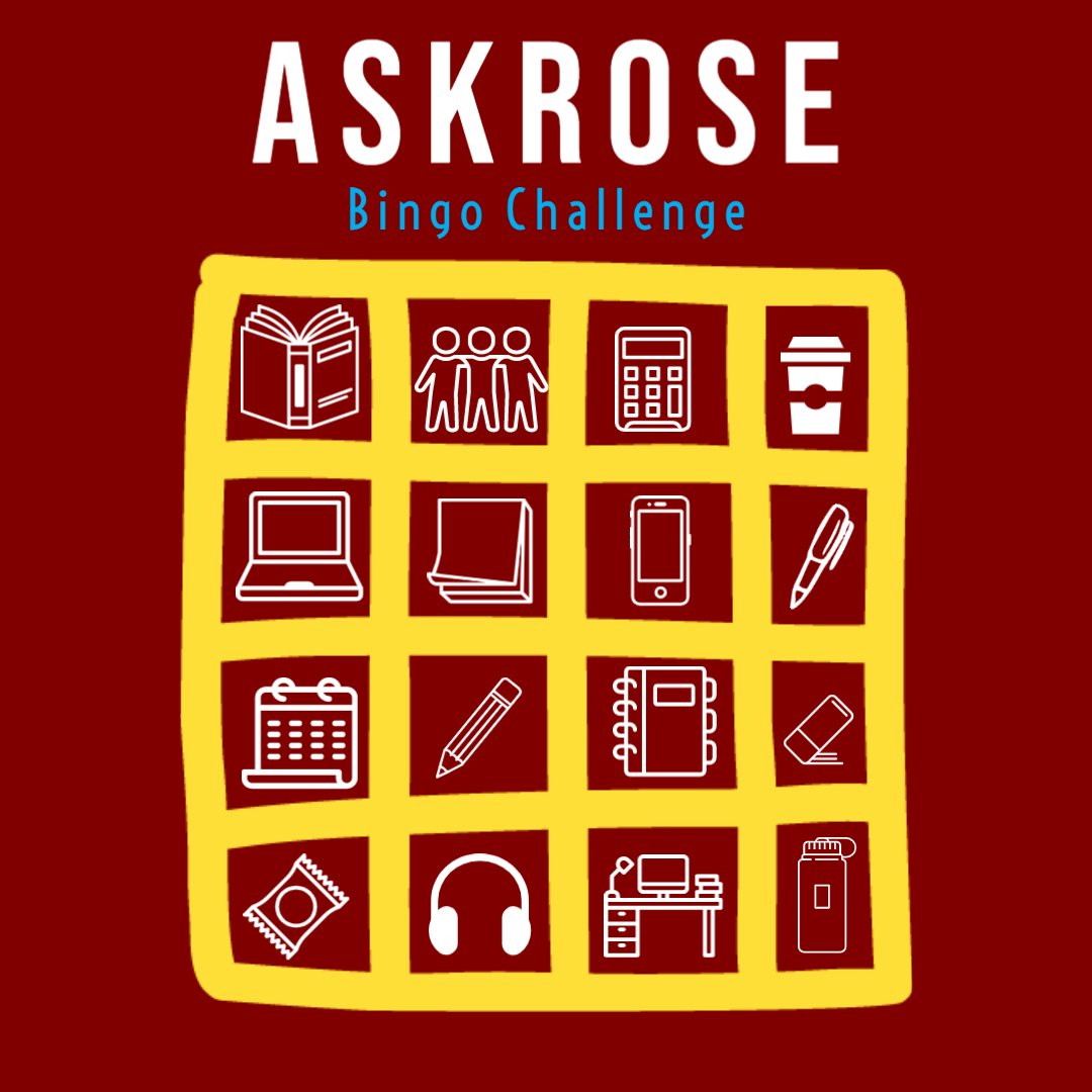 RHIT_AskRose's tweet photo. Does your study space get you a 4 in a row? List the 4 items that got you a bingo.
#askrose #bingo #bingochallenge #studyspace #studying #4inarow https://t.co/9NKg1Ugh9w