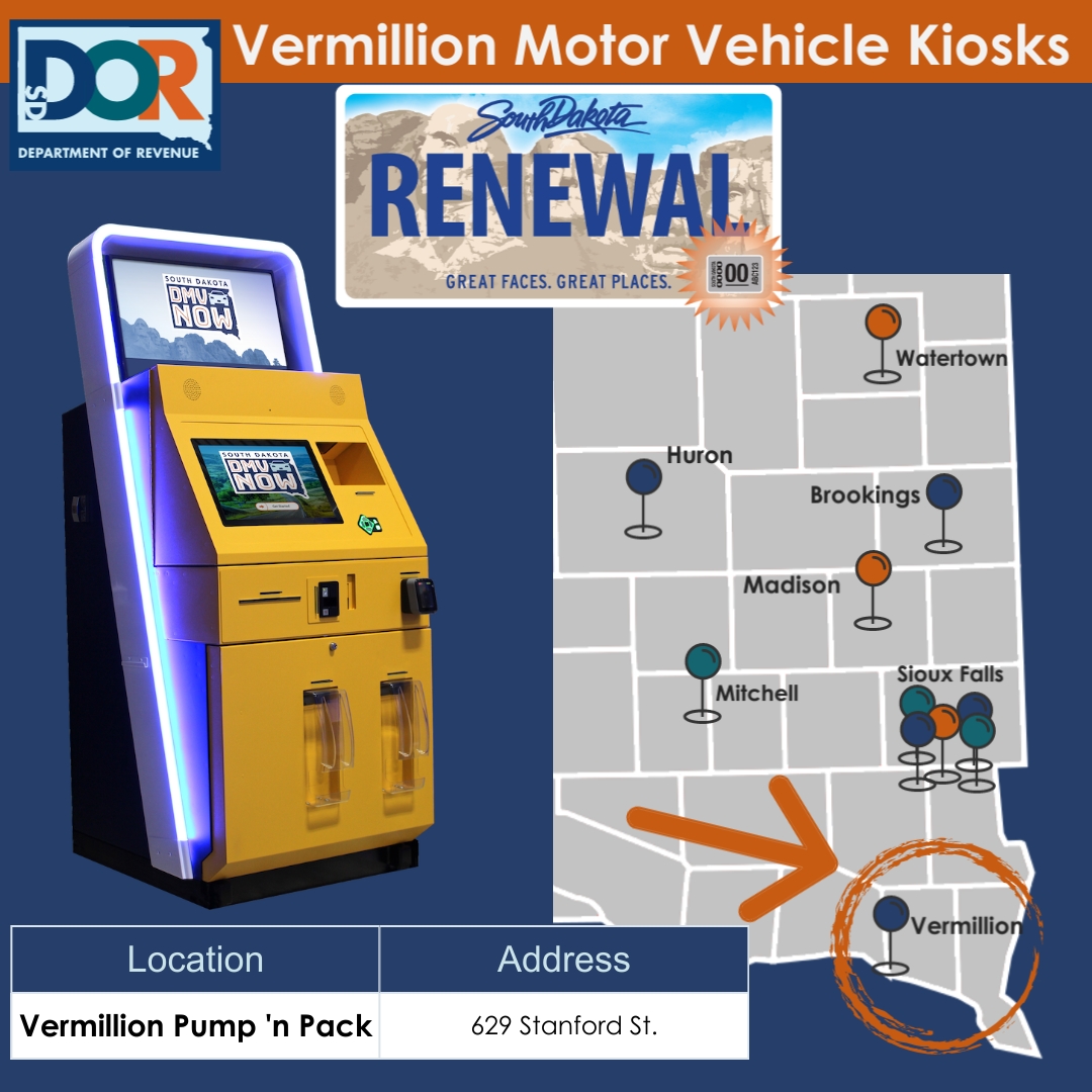 SDRevenue's tweet image. Vermillion! There is A DMV Now Kiosk set up to help you. Find out where here: sddmvnowkiosk.com #DMVNow #UseAnyLocation