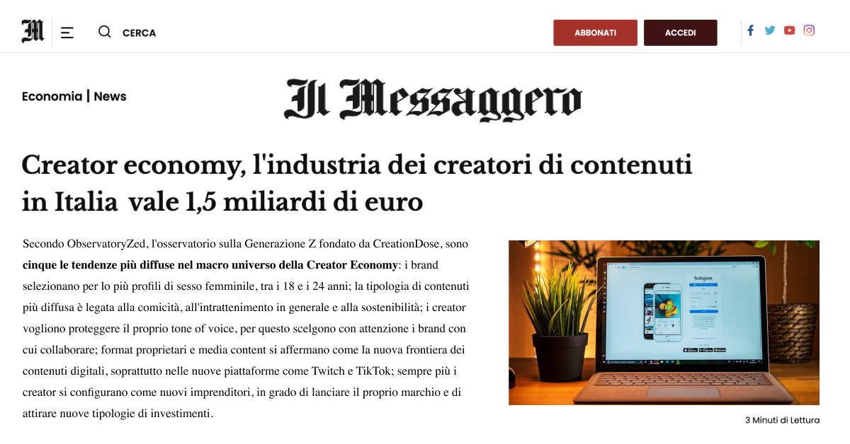 creationdose's tweet photo. Su @ilmessaggeroit si parla di @ObservatoryZed, l'Osservatorio del nostro gruppo pensato per analizzare l'universo della #GenerazioneZ, e di #Fuffighters, il format innovativo dedicato ad appassionati e professionisti della #CreatorEconomy!
👉🏻 https://t.co/jsBG1IOY3g https://t.co/Z8iCu2gPWd