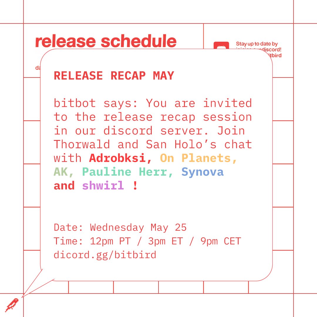 We’re bringing back the monthly release recaps with <a href="/sanholobeats/">San Holo ↑% ⚠️</a> &amp; @thorwaldbitbird!

Join us on Discord this wednesday for a chat with <a href="/adrobskimusic/">ADROBSKI</a>, <a href="/onplanets/">weareallonplanets</a>, <a href="/akliquid/">Aljosha Konstanty</a>, <a href="/paulineherr/">Pauline Herr</a>, <a href="/Synovamusic/">Synova</a> &amp; <a href="/shwirlll/">shwirl</a> ✨