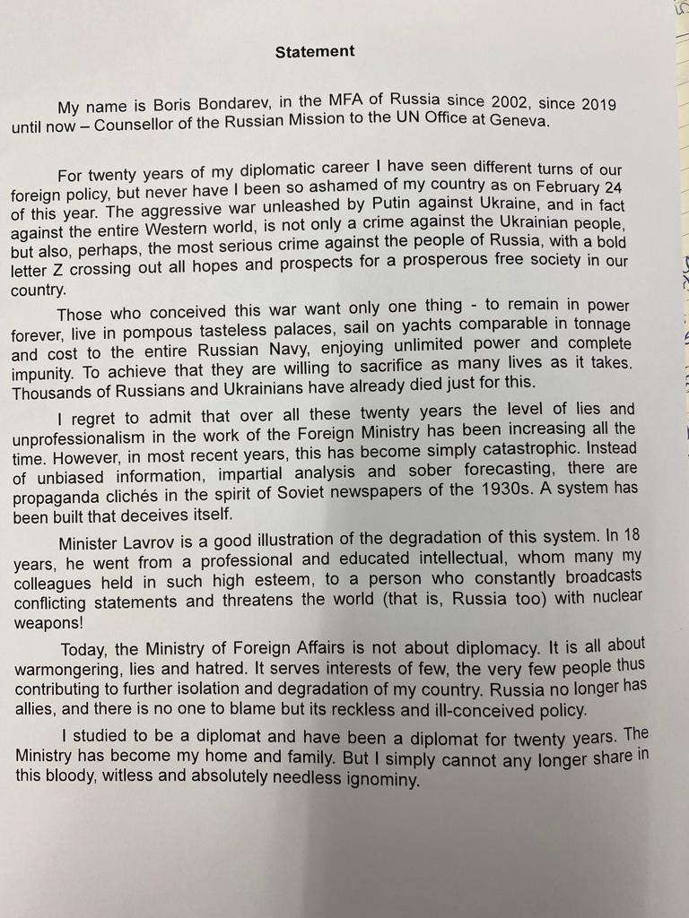 DarthPutinKGB's tweet photo. Russian councillor to UN, Boris Bondarev has resigned and damned my war in Ukraine in an eloquent suicide note. https://t.co/GfP6z3kZLE