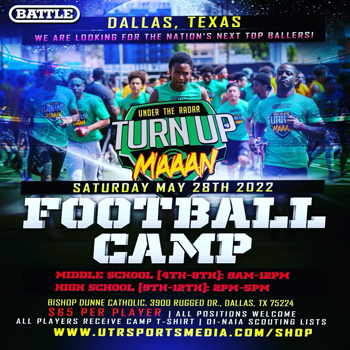 BuzzSportsTX's tweet photo. We Turning Texas Up this Weekend 🔥 D-Town on Sat.&amp; H-Town on Sun.

Registration Filling Up 

TURN UP MAN 📢📢📢📢📢

@UTRScouting @BattleSportsCo 
#turnupman 

4th - 12th Grade. 💪🏾💪🏾 https://t.co/nwDSSC10E9