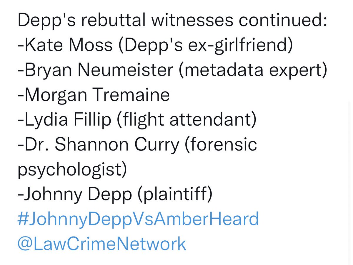 GellertDepp's tweet photo. Johnny Depp’s team are not fucking around 👏🏼 

Warner Bros, CHLA, Hand surgeon, Dr Curry, Kate Moss and the metadata expert 💥 #JusticeForJohnnyDepp #DeppHeardTrial https://t.co/1QRfhI9jRM