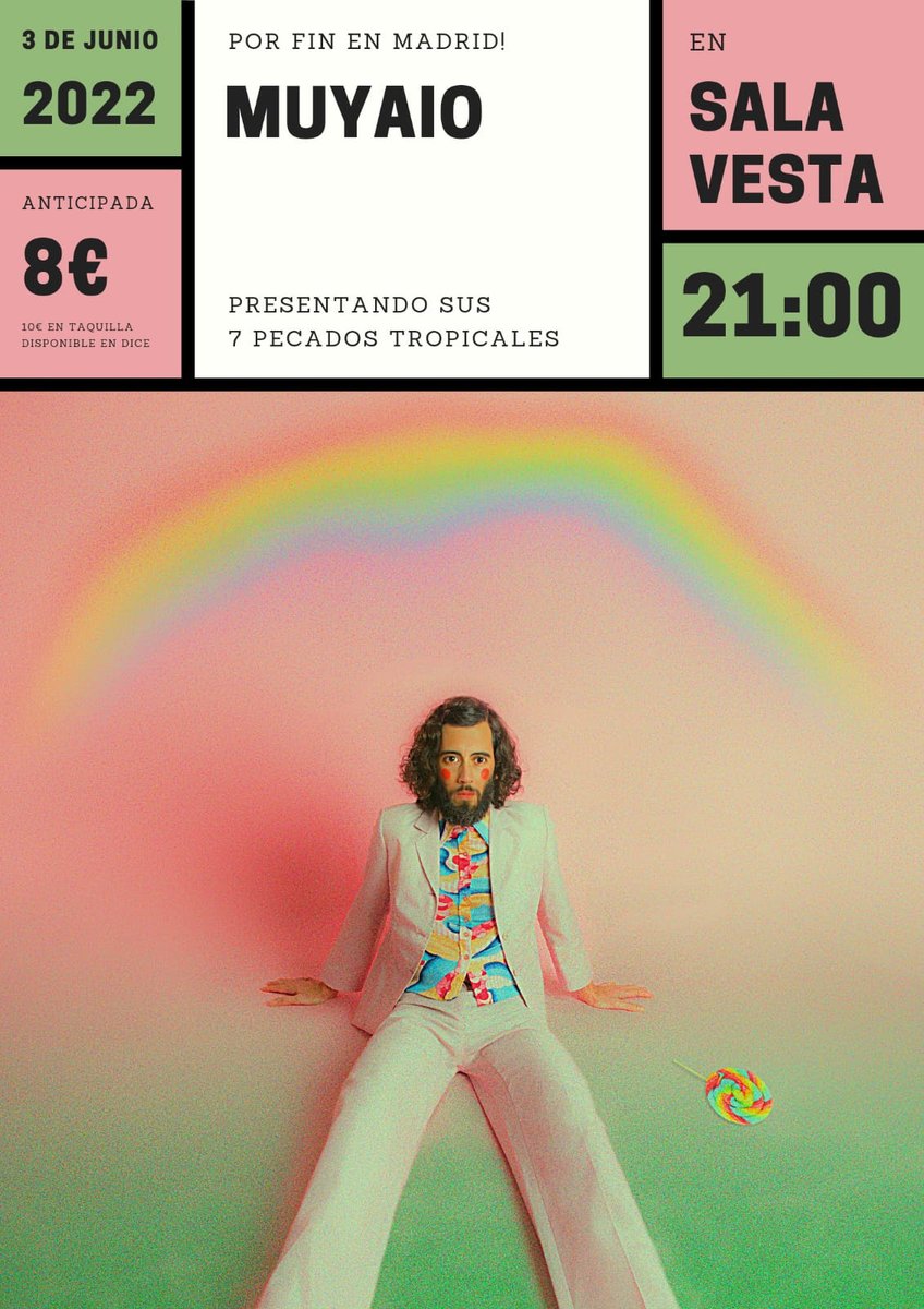 Este sábado (3 de junio) <a href="/muyaio/">muyaio</a> presentará sus " 7 Pecados Tropicales" en la madrileña Sala Vesta. Las entradas ya se encuentran a la venta en el siguiente enlace: dice.fm/partner/vesta/…
cc./ <a href="/EneidaFever/">𒊹︎︎︎ 𝗘𝗻𝗲𝗶𝗱𝗮 𝗙𝗲𝘃𝗲𝗿!</a> &amp; <a href="/feverprod/">Fever! Productions</a>