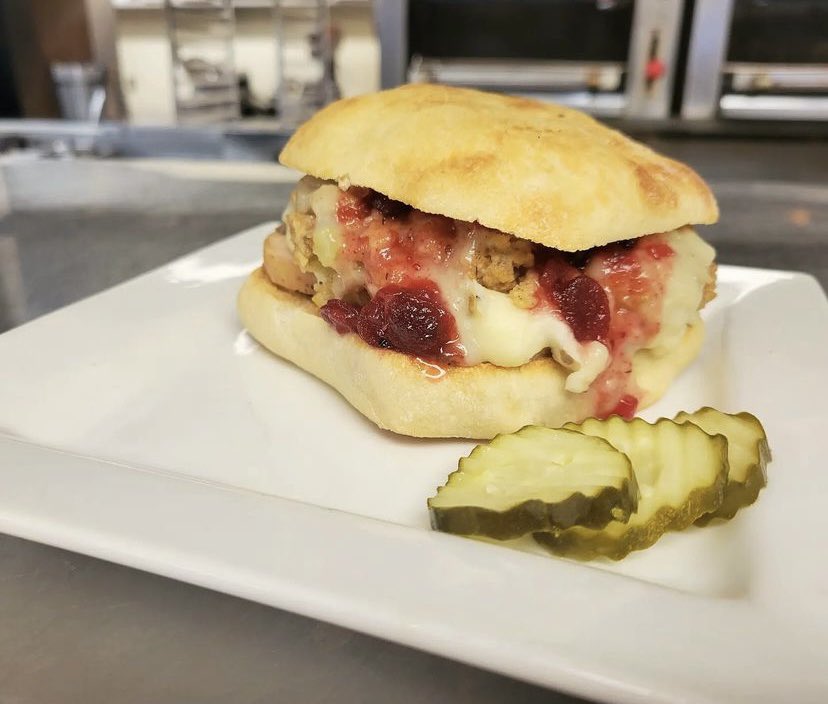This weeks sandwich special: Turkey Dinner, with roasted turkey, mashed potato, stuffing, cranberry sauce and gravy.