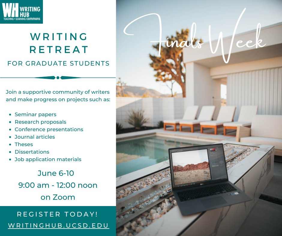 UCSD_Commons's tweet photo. Graduate students, join us for our last Writing Retreat of the quarter!

Join us and make significant progress on your writing project!

Register today! https://t.co/rSrVePLDWS https://t.co/jdRsOeiLy0