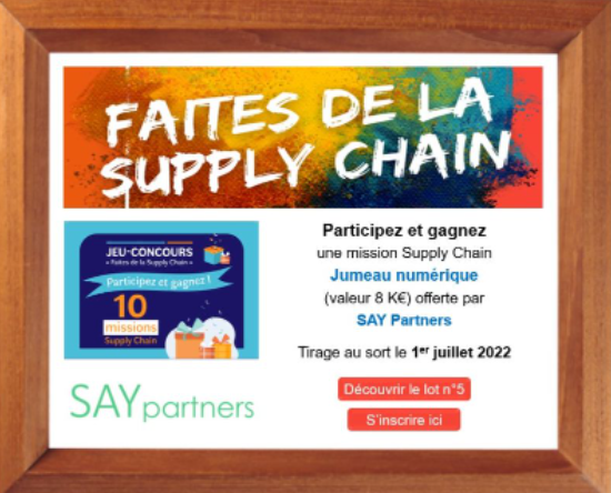 Connaissez-vous le potentiel des jumeaux numériques pour la #supplychain? Testez gratuitement cette nouvelle technologie en gagnant ce superbe lot proposé par SAYpartners. Inscrivez-vous au jeu-concours «Faites de la Supply Chain» organisé le 1er juillet: lnkd.in/ebW7yE8Q