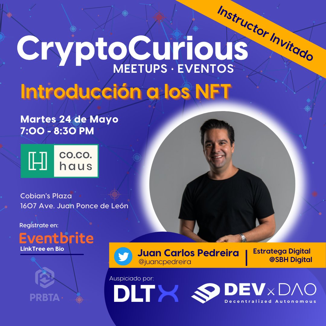 cryptocuriouspr's tweet photo. Acompáñanos mañana, martes 24 de Mayo, a explorar qué exactalemte es un "NFT" con nuestro instructor invintado @juancpedreira 

Regístrate aquí 👇
https://t.co/jhQx0qfEgp https://t.co/nF3q8AsxLV