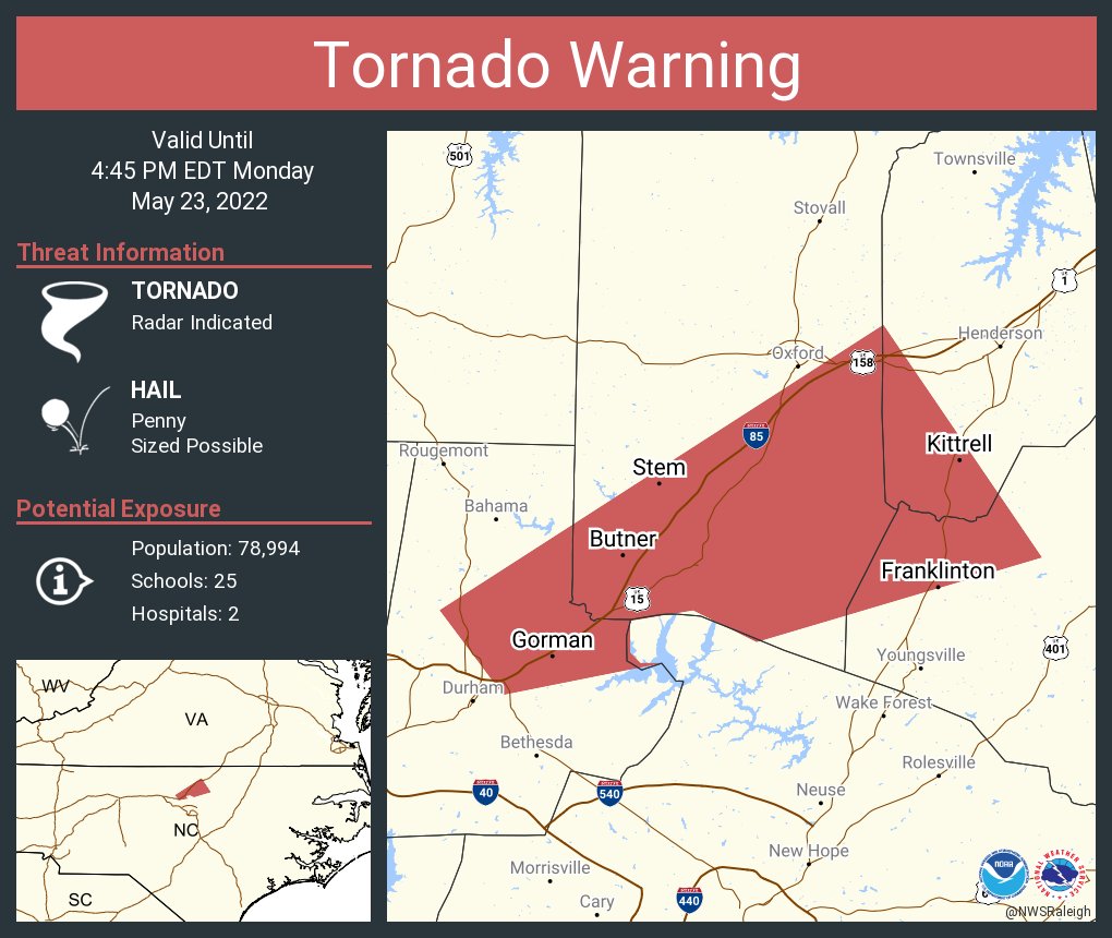 NWS Raleigh on Twitter "Tornado Warning including Butner NC, Creedmoor