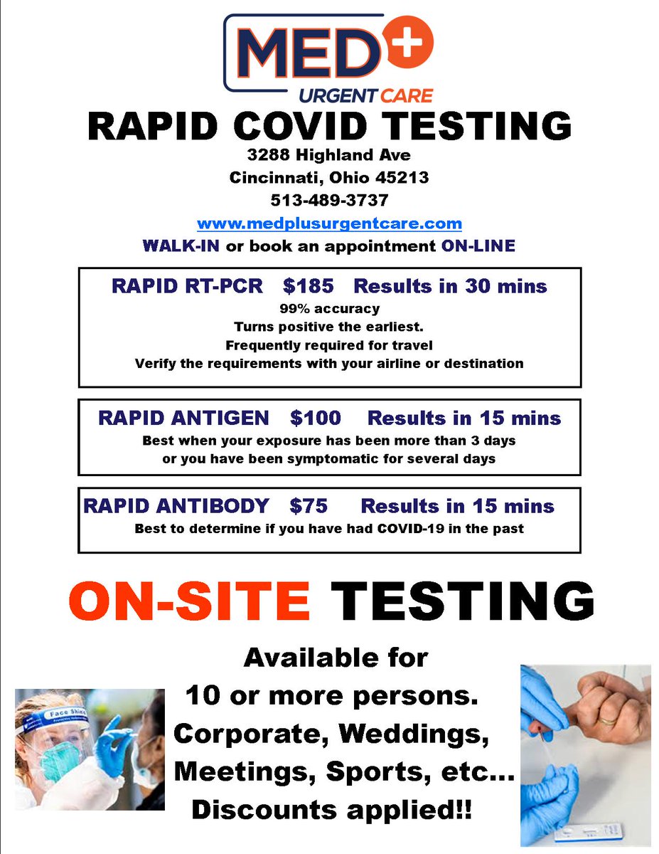 medplustesting's tweet image. Feeling Ill?-Know what's up. If its COVID you can get on early drugs and get over it. Traveling?-Guaranteed turn around of results in 30 minutes or less-Peace of Mind Book Your Test Now medplusurgentcare.com or just walk in 3288 Highland Av., Cinti., OH 45213
Phone 513-489-3737