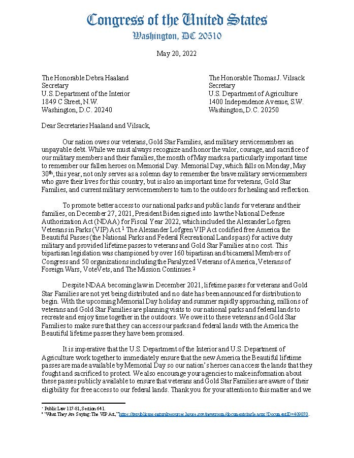 NatResources's tweet image. ICYMI → Ranking Member @RepWesterman led a bipartisan, bicameral letter urging the implementation of the #VIPAct before Memorial Day Weekend.