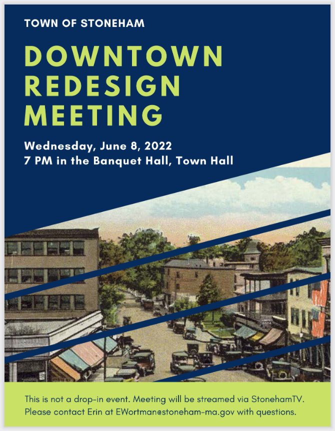 StonehamChamber's tweet photo. Join the Stoneham Dir of Planning &amp; Community Development on June 8 for a discussion about plans to redesign Stoneham Square. https://t.co/0j6hOgV0tl