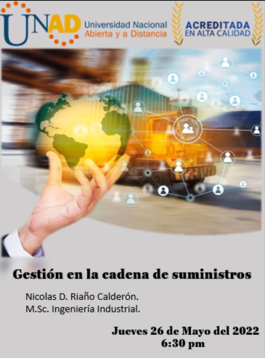 Invitación 👌🧐
La Cadena de formación en  <a href="/Industrial_UNAD/">Cadena de Industrial</a> tiene el gusto de invitarlos a la conferencia Gestión de la cadena de suministro.
Conferencista: Ing. M.Sc. Nicolas D. Riaño Calderón 
Link:  unad-edu-co.zoom.us/j/99893218608
<a href="/ClaudioCamiloG1/">Claudio Camilo Gonzá</a> <a href="/leoalzate03/">Leonardo Alzate</a>