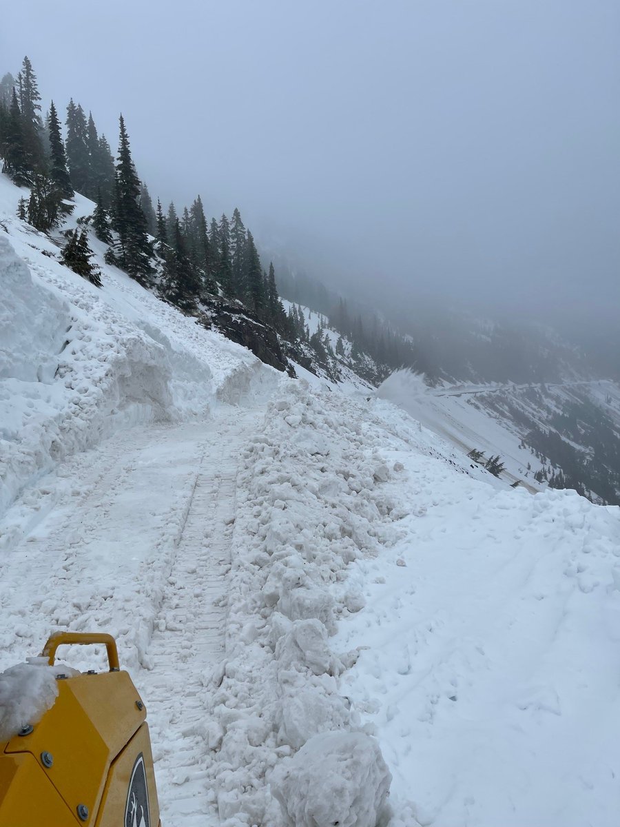 SnoqualmiePass's tweet photo. ❄️SR 410/Chinook Pass update❄️ 
➡️Currently a half mile from the arch, need to clear restroom parking lot, viewpoint &amp; ditches, repair guardrail &amp; install signs. 
📸You can barely see the restrooms.
‼️Chinook won't be open by Memorial Day, but SR 123/Cayuse will open on Friday. https://t.co/ODybNdPz10