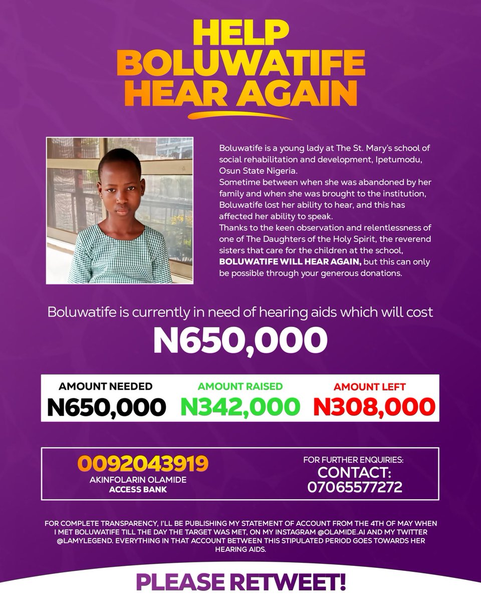 LamyLegend's tweet photo. With just N1,000 you can be a part of HELPING BOLUWATIFE HEAR AGAIN. So Please Kindly Like, Retweet, and most of all Donate. #HearAgainBolu https://t.co/luDl0bqLaC