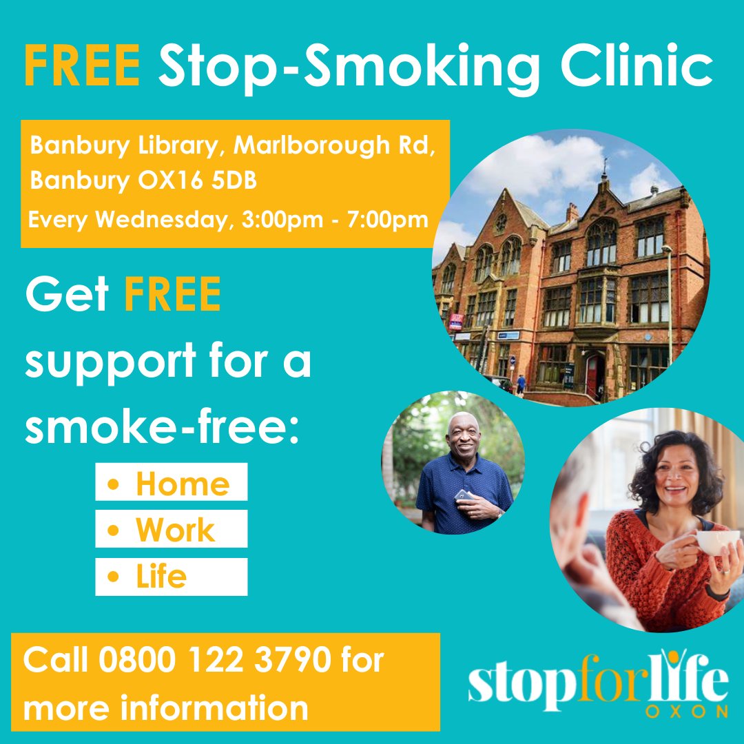 StopforlifeOxon's tweet photo. Come along to our FREE stop-smoking clinic, held every Wednesday 3:00-7:00pm in Banbury Library.
Find out more! Call 0800 122 3790 or text STOPOXON to 60777. 

#QuitSmoking #Oxfordshire #StopforLife #Banbury https://t.co/O6i0kVqJ4P