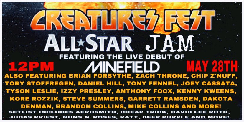 officialbfields's tweet photo. Hereโs the updated flyer for the all star jam on Saturday at Creatures Fest! It will now take place at 12 PM in Expo City!
#creaturesfest #kiss #kissarmy #kissonline #allstarjam #minefield #minefieldusa https://t.co/6Uz3hBD65T