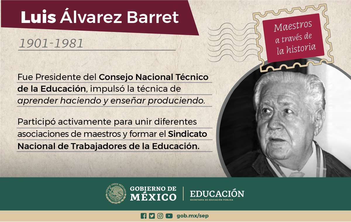 SEP_mx's tweet photo. #MayoConM de #MaestrosExtraordinarios
¿Ya conoces a Luis Álvarez Barret?
Comprometido docente que dedicó su vida a la #educación, desempeñó cargos importantes a nivel nacional y fue autor de diversas obras, entre las que se encuentran artículos pedagógicos. https://t.co/j1MzhRAySq