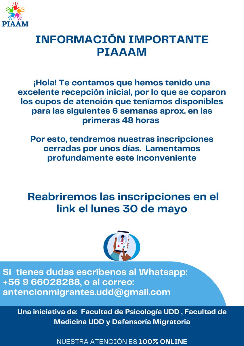 programa_piaam's tweet photo. ¡Hola! Por la gran recepción inicial en PIAAM tenemos nuestras inscripciones cerradas temporalmente. REABRIMOS EL LINK DE INSCRIPCIÓN EL LUNES 30 DE MAYO. Difunde con tus contactos! https://t.co/2ZU0E1XgQr